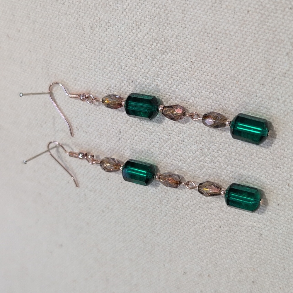 Handmade vintage Green Crystal & Bronze Czech Glass Drop Earrings